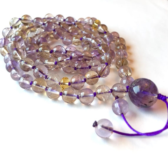 Rare! A+++ Bolivian Ametrine Mala Necklace, 108 Mala Beads, Meditaton Mala, Yoga Jewelry, Buddhist Mala Prayer Beads, Japa Mala