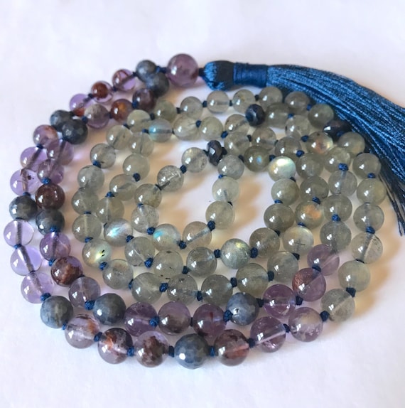 AAA Labradorite Cacoxenite Mala Necklace, 108 Mala Beads, Meditation Mala, Yoga Jewelry, Buddhist Mala Prayer Beads, Japa Mala, Chakre Mala