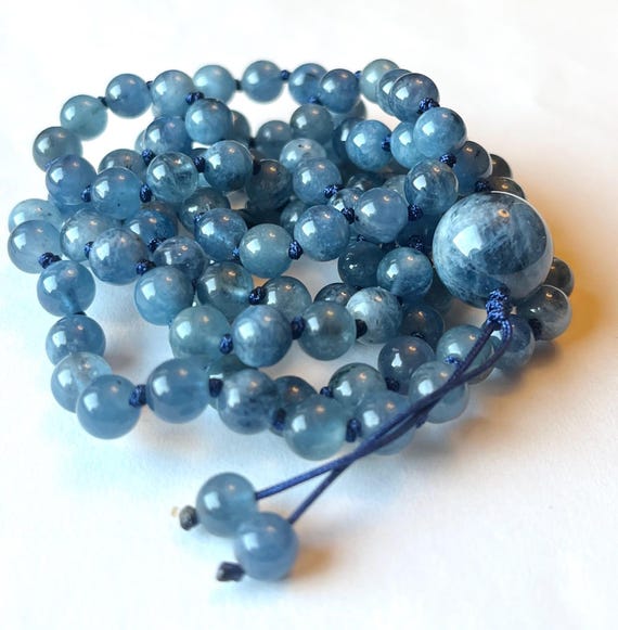 Rare! Natural Devil Blue Aquamarine Mala Necklace, 108 Mala Beads, Prayer Beads, Meditation Mala, Yoga Beads, Mantra Mala, Japa Mala
