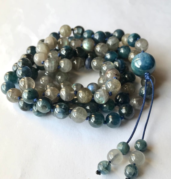 Kyanite AAA Labradorite Mala Necklace, 108 Mala Beads, Meditation Mala, Yoga Jewelry, Buddhist Mala Prayer Beads, Chakra Mala, Japa Mala
