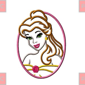 May include: A cartoon illustration of Belle from Beauty and the Beast. She has long brown hair, a yellow dress, and a pink rose on her chest. The image is in a pink oval frame.