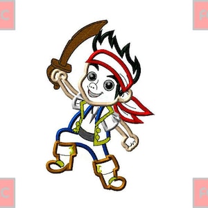 May include: A cartoon illustration of a pirate boy with black hair, a red bandana, and a blue and yellow shirt holding a brown sword.