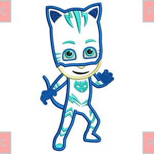 以下が含まれることがあります： 猫のマスクと稲妻のデザインをした青と白の漫画のキャラクター。キャラクターは片足を上げて立っており、尻尾があります。