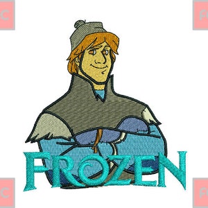 May include: An embroidered design of a cartoon character from the movie Frozen. The character is a man with brown hair, wearing a brown hat and a blue and gray jacket. The word "FROZEN" is embroidered in turquoise below the character.
