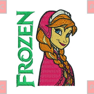 May include: A green embroidered word "FROZEN" with a cartoon image of Anna from the movie Frozen. Anna is wearing a pink dress with a braid and has a light brown hair color.