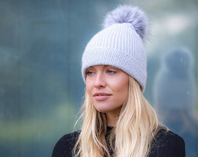 Cashmere Pom Pom hat, pale grey, pure cashmere luxury ribbed hat by Willow Luxury ( one size)