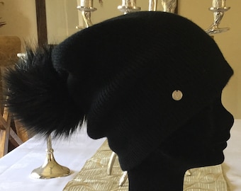 Cashmere slouchy Pom Pom hat, black  pure cashmere ribbed slouchy hat by Willow Luxury ( one size)
