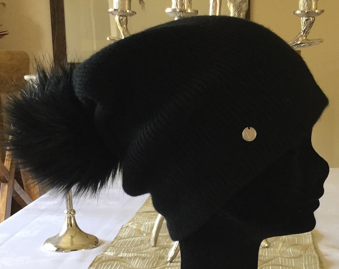 Cashmere slouchy Pom Pom hat, black  pure cashmere ribbed slouchy hat by Willow Luxury ( one size)