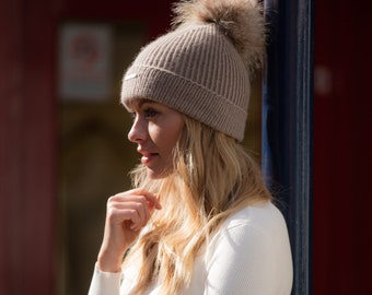 Cashmere Pom Pom hat, taupe, pure cashmere luxury ribbed hat by Willow Luxury ( one size)