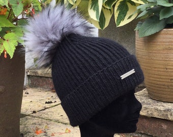 Alpaca and cashmere  Pom Pom hat, baby alpaca & cashmere luxury ribbed hat by Willow Luxury ( one size)