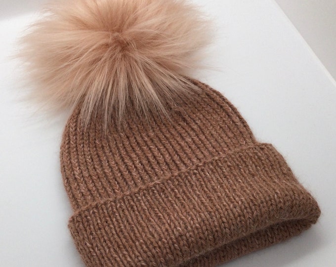 Alpaca and cashmere Pom Pom hat, alpaca and cashmere ribbed hat, alpaca beanie, cashmere hat ( one size)