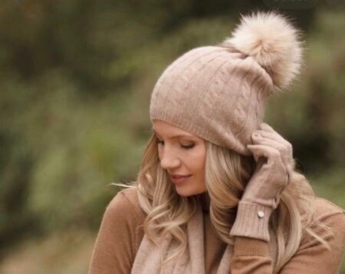 Cashmere hat, lightweight cashmere Pom Pom hat, pure cashmere cable beanie