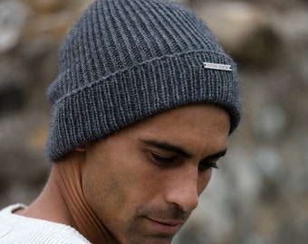 Cashmere beanie hat, mens pure cashmere luxury ribbed hat by Willow Luxury ( one size)