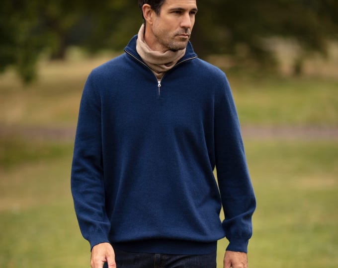 Mens cashmere sweater, zipper collar jumper, pure cashmere pullover