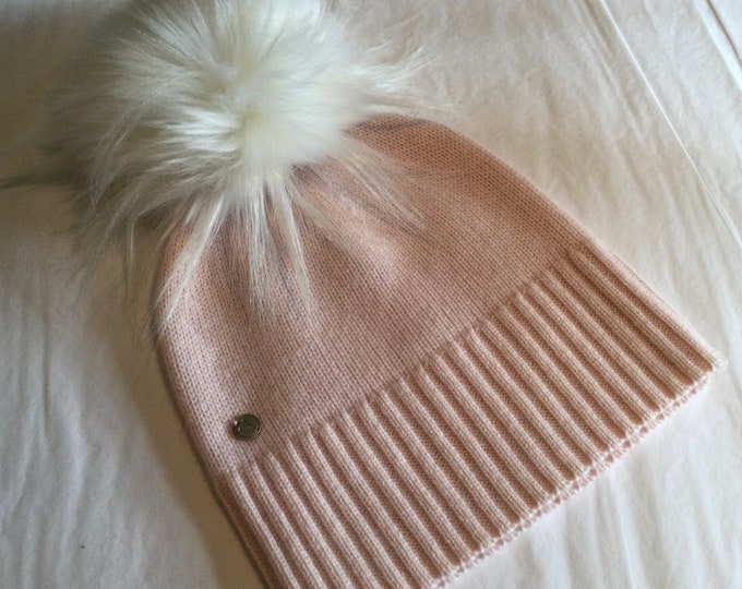 Children’s cashmere Pom Pom hat, lightweight cashmere hat, part ribbed detail by Willow Luxury ( one size)