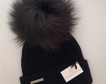Cashmere Pom Pom hat, black pure cashmere luxury ribbed hat by Willow Luxury ( one size)