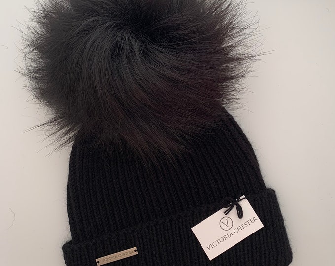 Cashmere Pom Pom hat, black pure cashmere luxury ribbed hat by Willow Luxury ( one size)