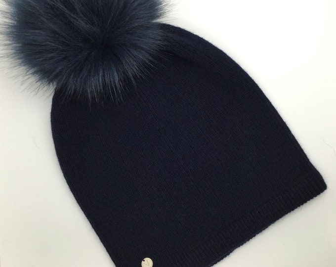 Cashmere slouchy Pom Pom hat, pure cashmere navy blue ribbed slouchy hat by Willow Luxury ( one size)