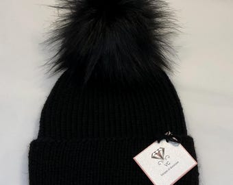 Alpaca & Cashmere ribbed Pom Pom Hat: Handmade Ribbed Beanie