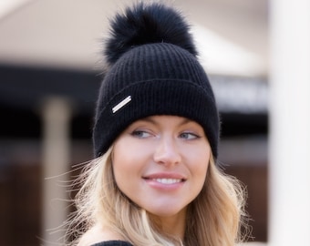 Cashmere Pom Pom hat, black pure cashmere luxury ribbed hat by Willow Luxury ( one size)