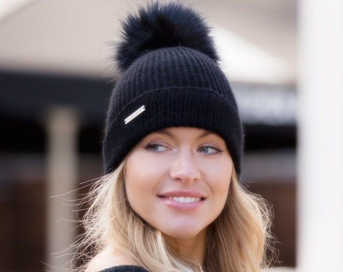 Cashmere Pom Pom hat, black pure cashmere luxury ribbed hat by Willow Luxury ( one size)