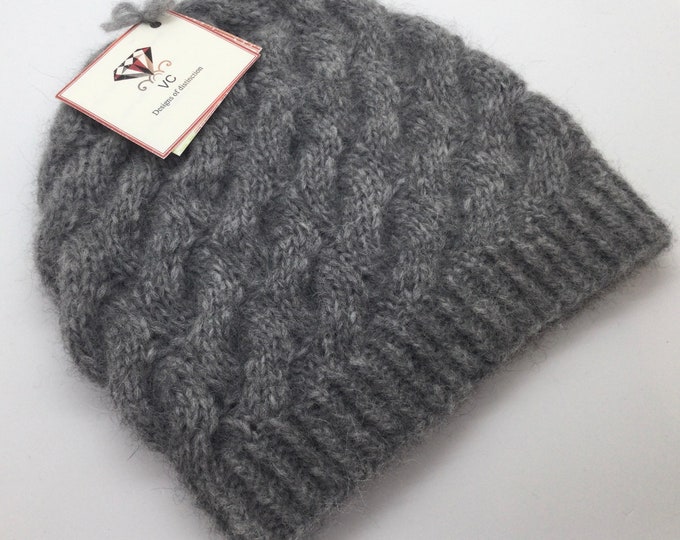 Alpaca hat, fluffy small alpaca hat, cable fluffy hat, grey alpaca hat