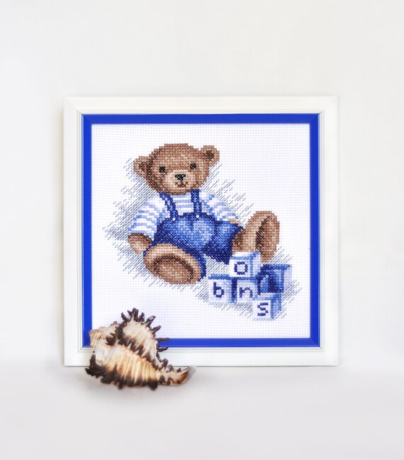 Finished embroidery cross stitch Teddy bear Dark blue Home Etsy
