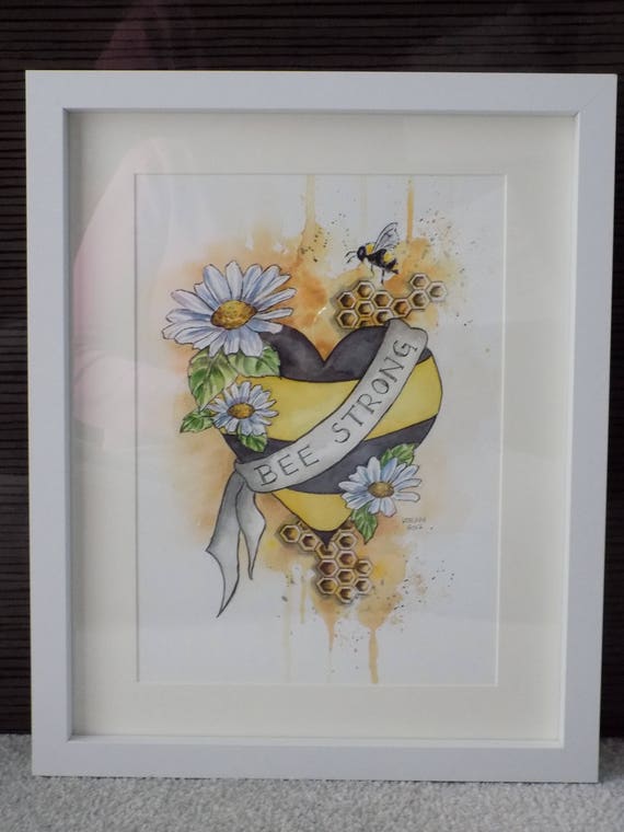 Coeur Original Marguerite Et Abeille Tattoo Style Peinture à Laquarelle Abeille Fort Environ 12 X 9 Jaunenoir Peint à La Main Dart Par Lisa