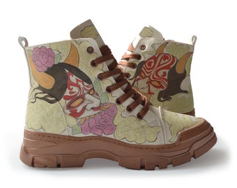 ONI | Boots - Handmade onimask design shoes, samurai style boots, hand painted boots, custom design boots, Japanese style shoes