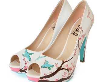 SAKURA | Pumps -custom painting shoes (hand painted cherry, flowers, spring tree, birds shoes)