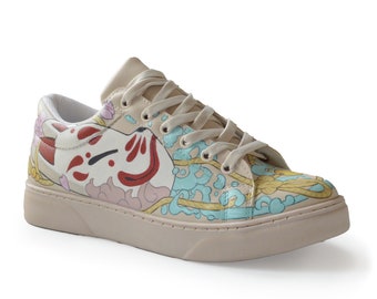 KITSUNE | Sneakers - handmade shoe, kitsune design, flesh color sneakers, aesthetic shoe, hand paint shoes, pastel color sneakers