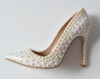 PERLA | Wedding Shoes With Pearls, Bridal Heels With Handmade Pearls, Custom Embroidery Pearl Shoes