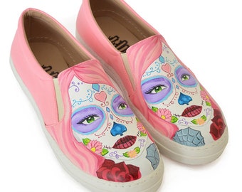 CALAVERA | Slip-on - sugar skull shoes (day of the dead shoes, Mexican slip-on, custom sugar skull paint shoes)