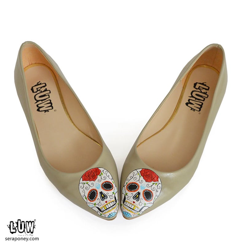 SUGAR SKULL Flats handmade design shoes day of the dead shoe, Mexican shoe, pointed toe flats image 1