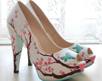 SAKURA Hand Painted Cherry Blossom Pumps Custom Floral Shoes