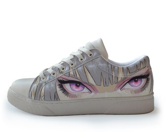 MIRU | Sneakers - anime style shoes, eye design, flesh color sneakers, aesthetic shoe, hand paint shoes, pastel color shoes