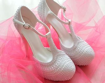 LENA | Wedding - custom design wedding shoe, pearl design, bride and groom, hand painted shoe, floral, engagement heels