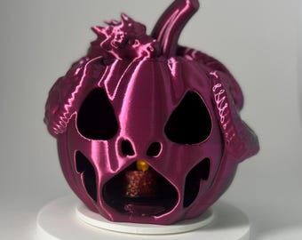 Draak Jack-o-Lantern | 3D-geprinte beweegbare Halloween-draak | Groen, paars, zwart decor