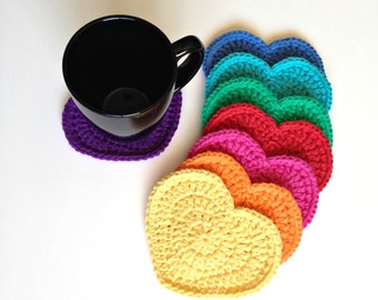 Heart Shaped Coaster, cup coaster drink mat, rainbow colors to choose from, 100% cotton yarn, Valentine's gift, desk countertop accent piece