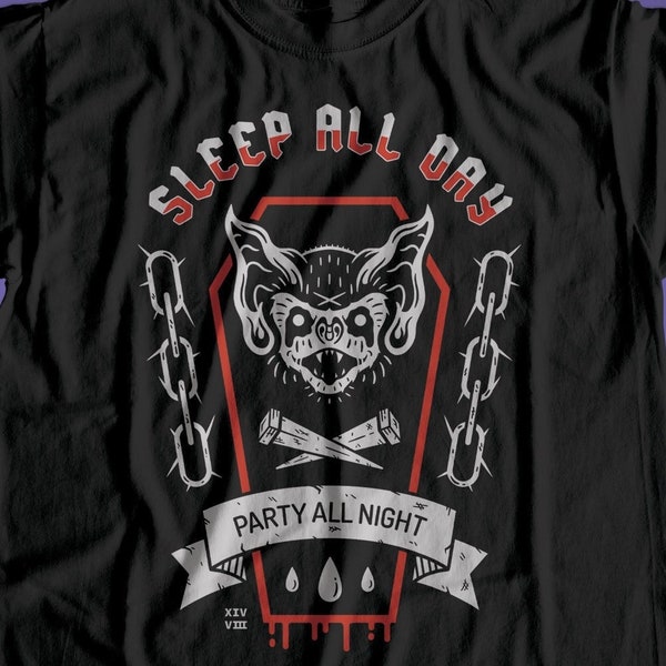 Party All Night t-shirt / Vampire bat / Horror movie / Gothic tshirt / Coffin / Monsters / Dracula / Lost Boys / Occult / Witch / Dark Art