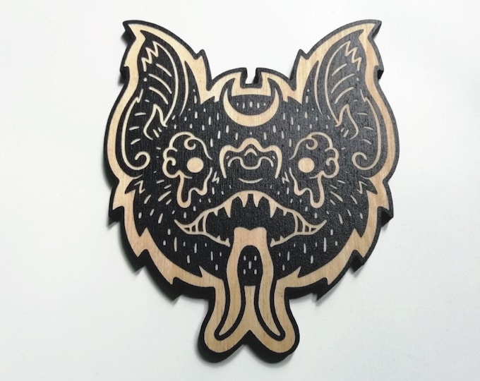 Night Fiend - Laser Engraved Wooden Bat / Yokai / Cryptid / Wall hanging / Goth decor / Woodcut / Japanese / Witch / Vampire Bat / Horror