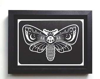 Murder Moth - Death's-head hawkmoth print / Gothic home decor / Animal / Nature / Wildlife / Dark Art / A5 art print / black and white