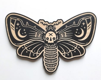 Murder Moth - laser engraved woodcut / Death's-head Hawkmoth / Gothic home decor / Gothic wall hanging / Faux taxidermy / Gift for goths