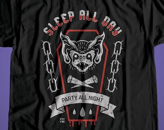 Party All Night t-shirt (UK Listing) - Vampire bat / Horror movie / Gothic tshirt / Coffin / Monsters / Dracula / Lost Boys / Occult / Witch