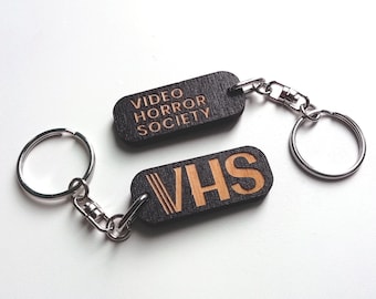 VHS / Video Horror Society laser engraved wooden keyring / retro keychain / goth charm / 80s tape accessory / movie gift / stocking stuffer