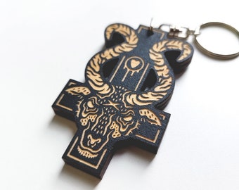 Hail Destroyer - Crucifix Keyring / Laser engraved woodcut / Goat / Witch accessory / Black Phillip / Gothic Keychain / Hail Satan / Occult