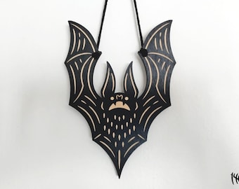 Laser Engraved Bat Woodcut: Gothic Halloween Wall Decor