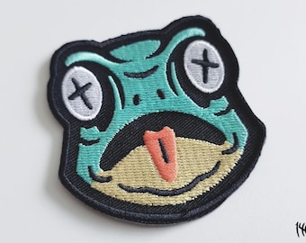 Croaked - Embroidered cute green frog patch / iron on toad patch / Cottagecore patch / Cryptid frogman / cute animal patch / anime patch