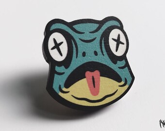 Croaked - Cute frog wooden pin badge / Frogman button / Horror creature pin / cryptid pin / battle jacket accessory / Cottagecore badge /