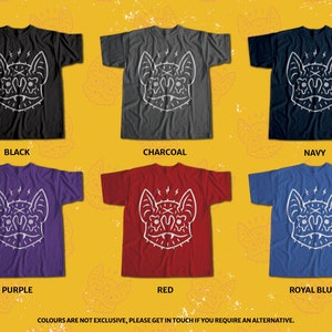 May include: Six t-shirts with a white bat graphic design on a variety of colored shirts. The colors are black, charcoal, navy, purple, red, and royal blue. The text "COLOURS ARE NOT EXCLUSIVE, PLEASE GET IN TOUCH IF YOU REQUIRE AN ALTERNATIVE." is at the bottom of the image.
